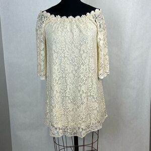 Umgee Womens Lace Off Shoulder Natural Cream Ivory Mini Dress Sz Medium Lined